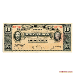 BILLETE DE 10 PESOS DEL BANCO DE CHIHUAHUA DE LA REVOLUCIÓN MEXICANA EN ALTO GRADO