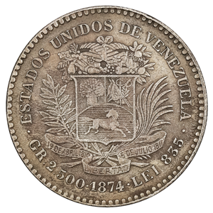 BELLO REAL O 1/10 VENEZOLANO DE 1874 EN BUEN GRADO DE CONSERVACIÓN