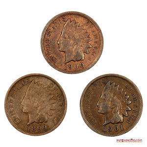 TRIO DE CENTAVOS DEL INDIO DE USA DE LOS AÑOS 1899, 1900 Y 1901
