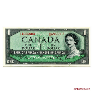 BILLETE DE1$ DE CANADÁ EMITIDO ENTRE 1961 Y 1972, AUNQUE CON FECHA 1954