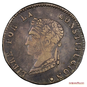 4 SOLES BOLIVIANOS DE 1857 CON EL BUSTO DE BOLÍVAR LAUREADO