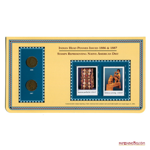 CENTAVOS DEL INDIO DE 1886 Y 1887 EN PRESENTACIÓN CON ESTAMPILLAS SOBRE LA DIETA NATIVA AMERICANA