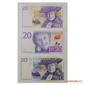 TRES DISEÑOS DISTINTOS DEL BILLETE DE 20 KRONOR SUECOS EN ALTO GRADO