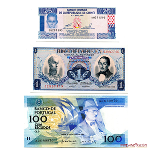 LOTE DE BILLETES VARIADOS: 25FRANCS GUINEOS, 1 PESO COLOMBIA Y 100 ESCUDOS DE PORTUGAL