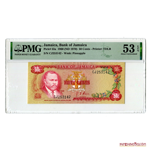 50 CENTS DE JAMAICA, 1970. PMG AU53 EPQ
