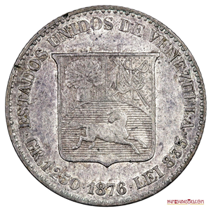 5 CENTAVOS O 1/20 VENEZOLANO 1876 A ROMANA, ESCASA VARIANTE Y MÁS EN ESTE GRADO