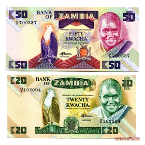 BILLETES DE 50 Y 20 KWACHA DE ZAMBIA EN ALTO GRADO DE CONSERVACIÓN
