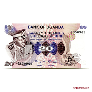 BILLETE DE 20 SHILINGI DE UGANDA CON EL BUSTO DE IDI AMIN AÑO 1973