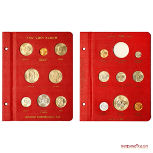 DOS PANELES DEL ÁLBUM DE LA FAO ROJO CON 16 MONEDAS EN ALTO GRADO