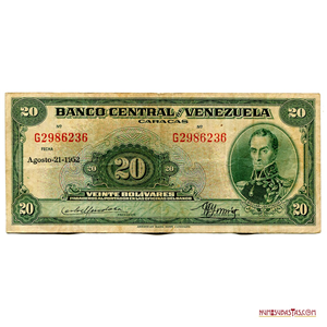 BILLETE DE 20BS DE AGOSTO-21-1952, SERIE G7