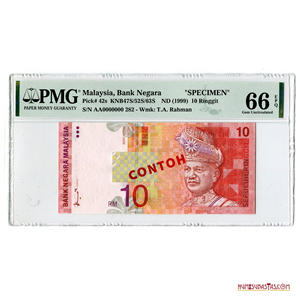 RARO SPECIMEN DE 10 RINGGIT, MALASIA, 1999. SIN SELLOS OVALADOS DE THOMAS DE LA RUE. NINGUNA FIGURACIÓN EN VENTA O SUBASTA PÚBLICA. TOPE DE GRADO. PMG GEM UNC 66 EPQ