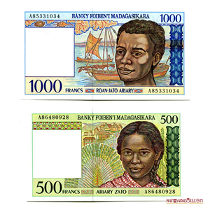 HERMOSOS BILLETES MULTICOLORES DE 1.000 Y 500FRANCS DE MADAGASCAR EN ALTO GRADO