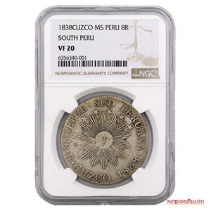 EMBLEMÁTICOS 8RLS DE 1838 DE LA REPÚBLICA SUR PERUANA NGC VF20