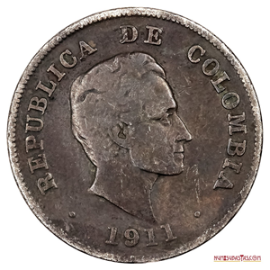 PRIMERA MONEDA COLOMBIANA CON EL BUSTO DEL LIBERTADOR: 20 CENTAVOS 1911