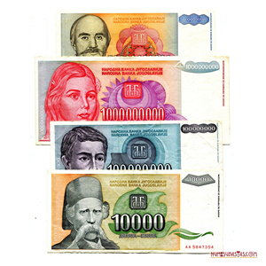LOTE DE 4 BILLETES INFLACIONARIOS DE YUGOSLAVIA DEL AÑO 1993