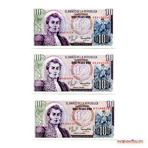 LOTE DE 3 BILLETES DE 10 PESOS DE COLOMBIA DE 1980 EN ALTO GRADO DE CONSERVACIÓN