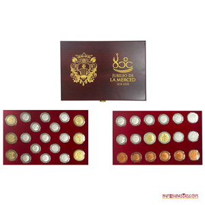 SET PROOF DE 37 ESPECTACULARES MEDALLONES CONMEMORATIVOS DE LOS 800 AÑOS DEL JUBILEO DE LA MERCED, PANAMÁ, 2018, CON ESTUCHE.