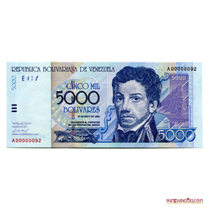 BILLETE DE 5.000BS DEL 2000, SERIAL BAJO A00000092