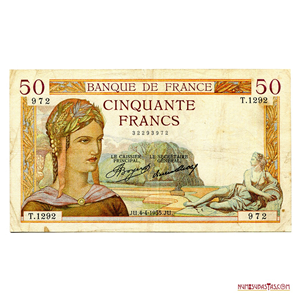 BILLETE DE 50 FRANCOS FRANCESES EMITIDO EN 1935 CON EL BUSTO DE LA DIOSA CERES
