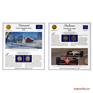 ¼$ DE VERMONT E INDIANA EN PRESENTACIÓN CON ESTAMPILLAS, CECAS FILADELFIA Y DENVER