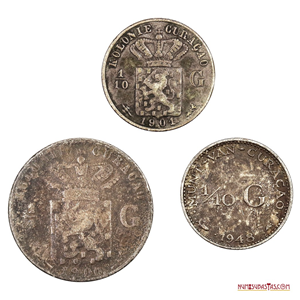 LOTE DE 3 ESCASAS MONEDAS DE PLATA DE CURAZAO ¼G 1900, 1/10G 1901 Y 1/10G 1948