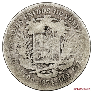 ½ VENEZOLANO O 2,50BS ACUÑADO EN EL AÑO 1874