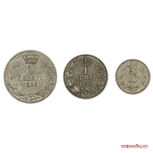 SET DE YUGOSLAVIA DE 2 DINARES, 1 DINAR Y 50 PARA DEL AÑO 1925