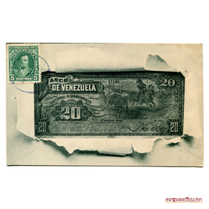 VENEZUELA, POSTAL CON ESTAMPILLA DE 5 CÉNTIMOS. IMAGEN DE UN BILLETE DE 20BS DE
BANCO VENEZUELA, DE BANCO VENEZUELA, CAPITAL 15.000.000 DE 1897 EMITIDO Y
FIRMADO