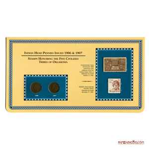 CENTAVOS DEL INDIO DE 1906 Y 1907 EN PRESENTACIÓN CON ESTAMPILLAS SOBRE LAS TRIBUS DE OKLAHOMA