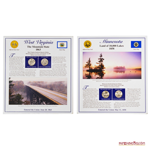¼$ DE WEST VIRGINIA Y MINNESOTA EN PRESENTACIÓN CON ESTAMPILLAS, CECAS FILADELFIA Y DENVER
