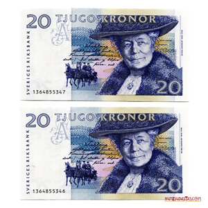 PAREJA CONSECUTIVA DE 20 KRONOR DE SUECIA EN ALTO GRADO DE CONSERVACIÓN