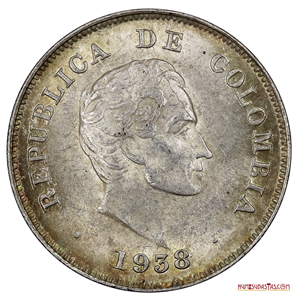 BELLOS 20CTVS COLOMBIANOS DE PLATA 1938 CON EL BUSTO DEL LIBERTADOR