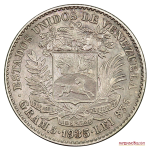 BOLÍVAR DE PLATA DEL AÑO 1935 EN ALTO GRADO DE CONSERVACIÓN