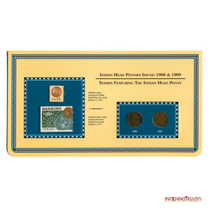 CENTAVOS DEL INDIO DE 1908 Y 1909 EN PRESENTACIÓN CON 2 ESTAMPILLAS CON DICHAS MONEDAS