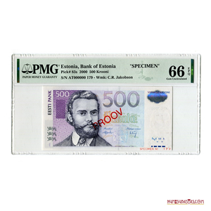 RARO SPECIMEN DE 500 KROONI DE ESTONIA DEL 2000. PMG GEM UNC 66 EPQ. TOPE DE GRADO