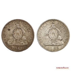 MONEDAS DE PLATA DE 20 CENTAVOS DE LEMPIRA DE 1951 Y 1952