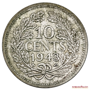 ESCASOS 10 CENTS DE PLATA DE CURAZAO ACUÑADOS EN 1943