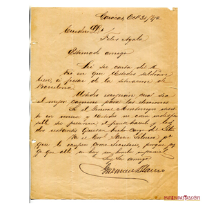 CARTA DEL GENERAL ANTONIO GUZMÁN BLANCO A FÉLIX AYALA, 31 DE OCTUBRE DE 1872