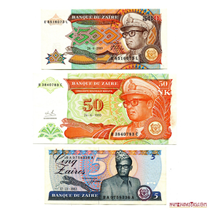 LOTE DE 3 BILLETES DE ZAIRE EN ALTO GRADO DE CONSERVACIÓN