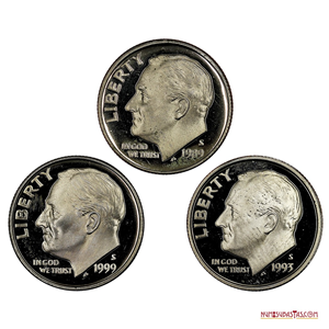 LOTE DE 3 DIMES PROOF 1989, 1993 Y 1999