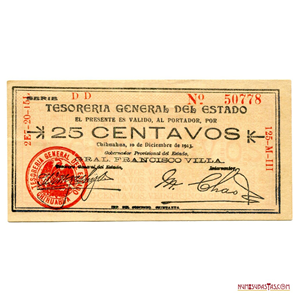 25CTVS DE 1913 EMITIDOS POR PANCHO VILLA EN CHIHUAHUA EN ALTO GRADO DE CONSERVACIÓN