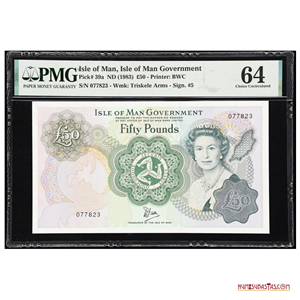50 LIBRAS ESTERLINAS DE LA ISLA DE MAN CON EL BUSTO DE LA REINA ELIZABETH II, 1983. PMG CH UNC 64