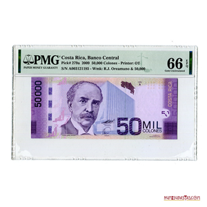 ESCASO BILLETE 50.000 COLONES DE 2009. PMG GEM UNC 66 EPQ