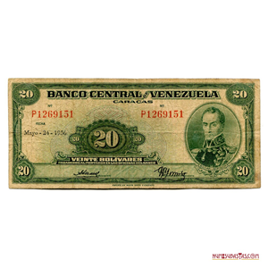 BILLETE DE 20 BOLÍVARES DE MAYO-24-1956 SERIE P7