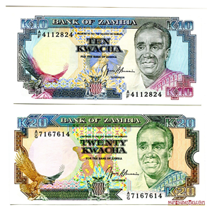 BILLETES MULTICOLORES DE 10 Y 20 KWACHA DE ZAMBIA, ALTO GRADO DE CONSERVACIÓN