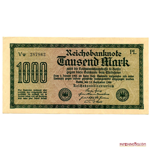 SOBERBIO BILLETE DE LA REPÚBLICA DE WEIMAR DE 1.000 MARCOS DE 1922 EN ALTO GRADO DE CONSERVACIÓN