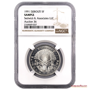 5FRANCS 1999, DJIBUTI. NGC SAMPLE SEDWICK AUCTION
