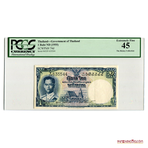 BILLETE DE 1 BAHT DE TAILANDIA DE 1955 CERTIFICADO PCGS XF45