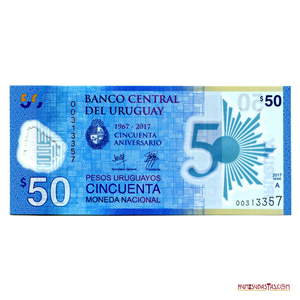 50 PESOS DE POLÍMERO CONMEMORATIVO DEL 50 ANIV DEL BANCO CENTRAL DE URUGUAY