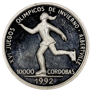 GRAN MONEDA DE PLATA DE 10.000 CÓRDOBAS 1992 DE LOS JUEGOS OLÍMPICOS DE INVIERNO